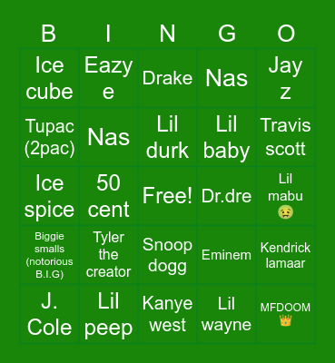 Rappers Bingo Card