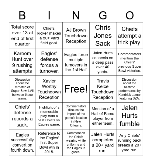 2025 Super Bowl Bingo Card