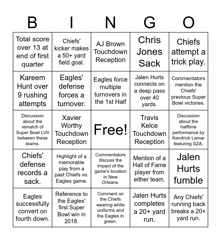 2025 Super Bowl Bingo Card