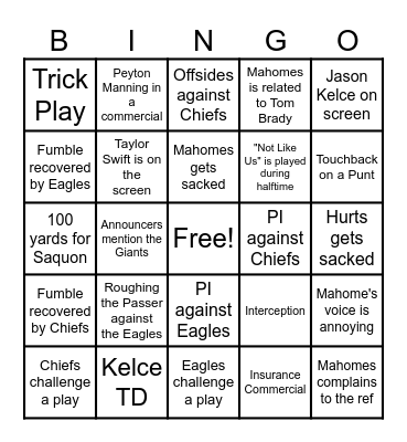 Super Bowl LIX Bingo Card