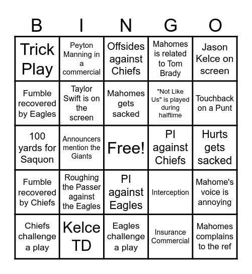 Super Bowl LIX Bingo Card