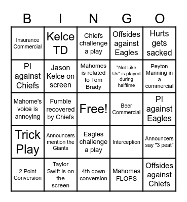 Super Bowl LIX Bingo Card