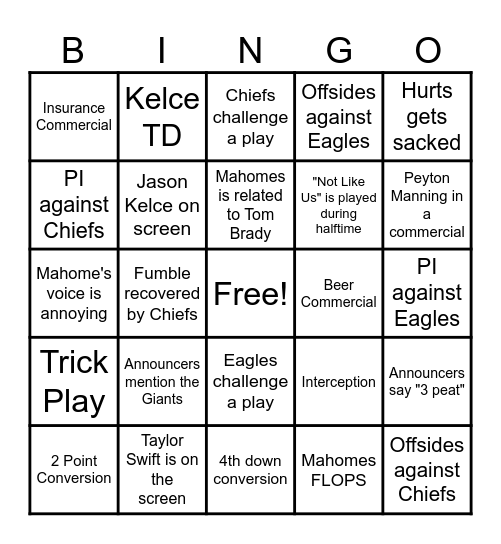 Super Bowl LIX Bingo Card