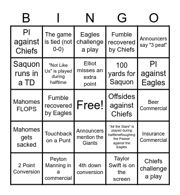 Super Bowl LIX Bingo Card