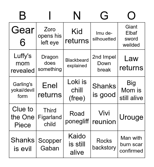 One Piece 2025 Bingo Card