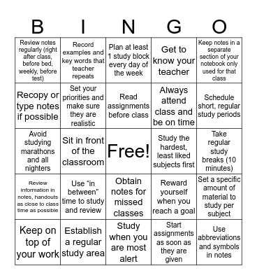 Study Skills Bingo Card