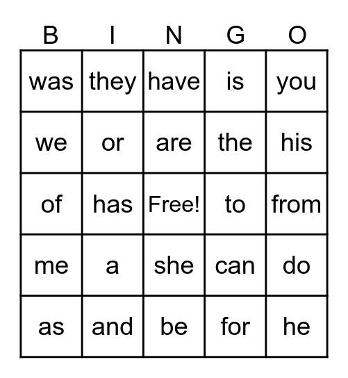 Sight Word Bingo Card