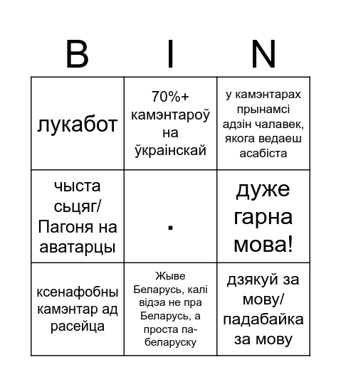 Бінго "Камэнтары пад беларускамоўным відэа ў ютубе/тыктоку" Bingo Card