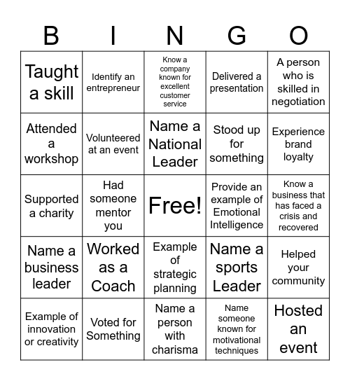 Business Leadership Bingo Card
