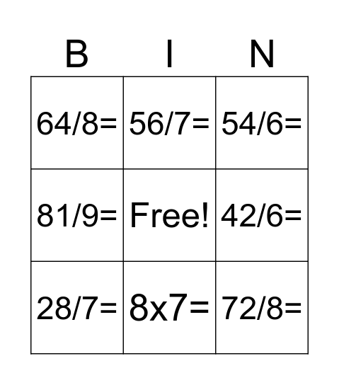 Division Jump Rope Bingo Card