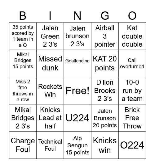 NBA Bingo Card