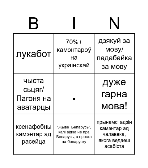 Бінго "Камэнтары пад беларускамоўным відэа ў ютубе/тыктоку" Bingo Card