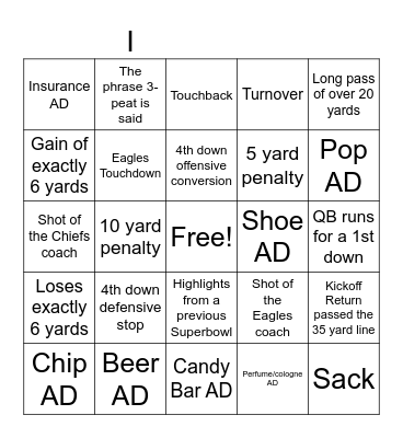Superbowl Bingo Card
