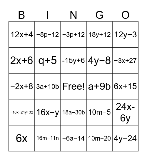 Distribution/Combining Terms Bingo Card
