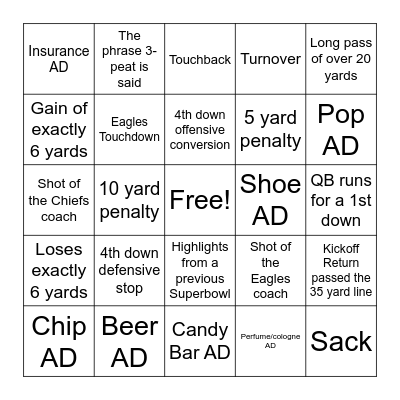 Superbowl Bingo Card