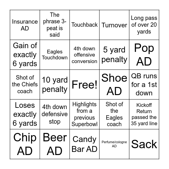 Superbowl Bingo Card
