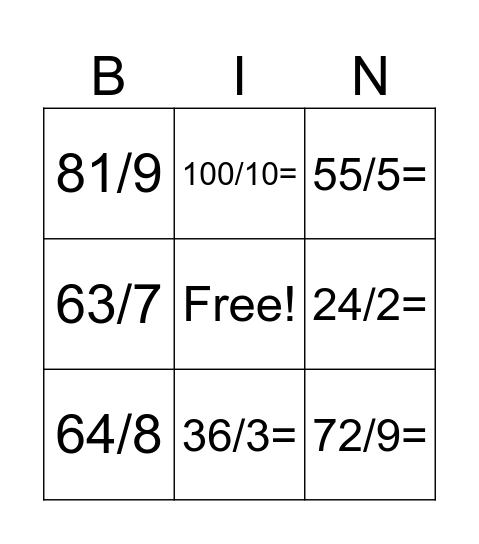 4th grade Division Jump Rope Bingo Card