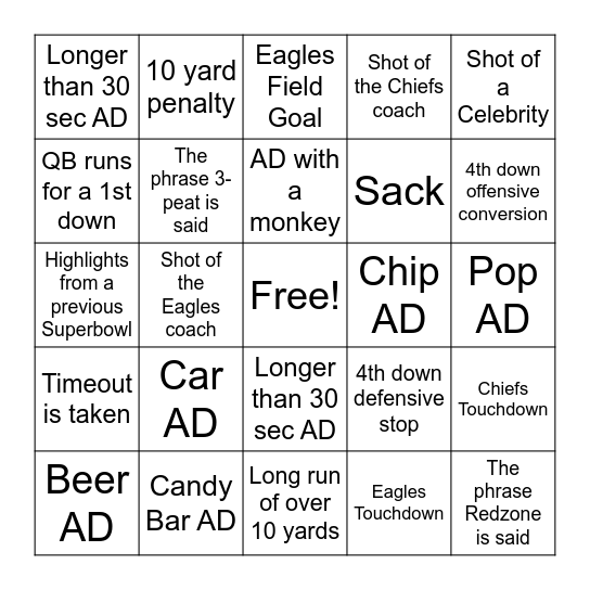 Superbowl Bingo Card