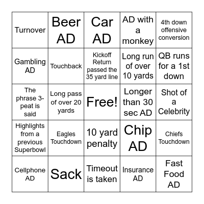 Superbowl Bingo Card