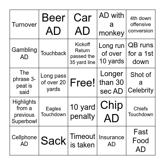 Superbowl Bingo Card