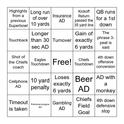Superbowl Bingo Card