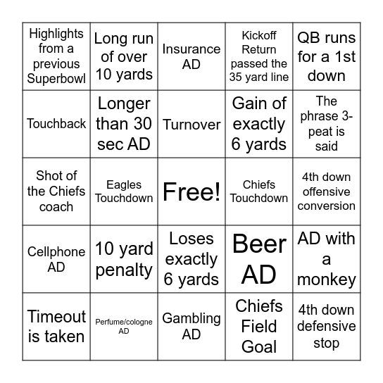 Superbowl Bingo Card