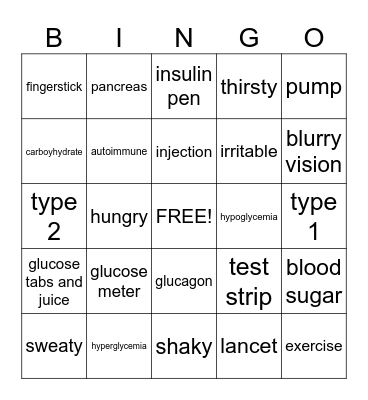 Diabetes Bingo Card