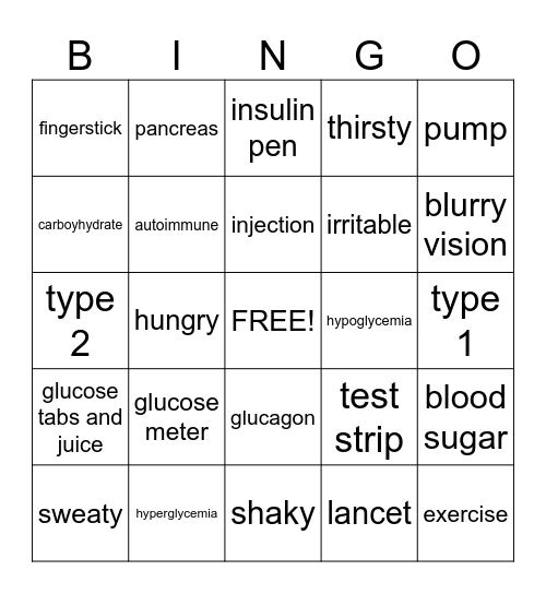 Diabetes Bingo Card