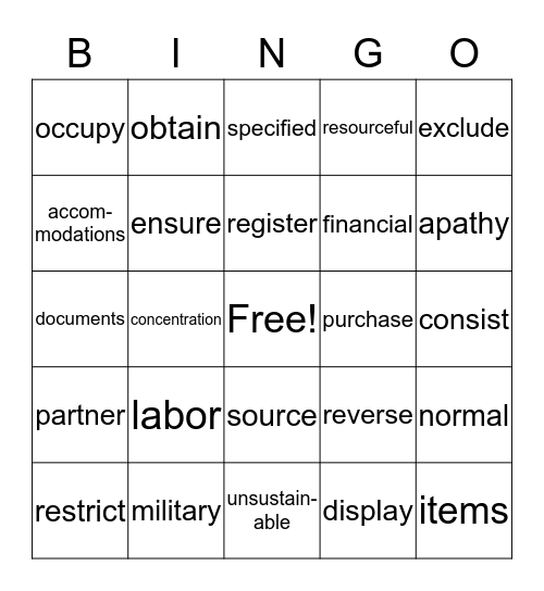 Unit Three Bingo Card