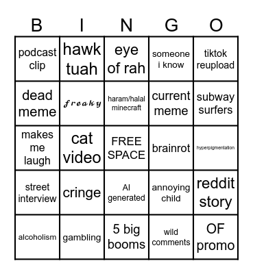 Amelia's Tiktok Bingo Card