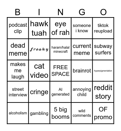 Amelia's Tiktok Bingo Card