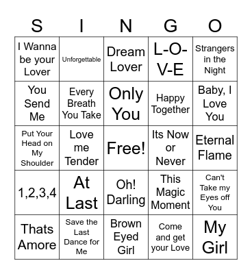 Love Songs Bingo Card