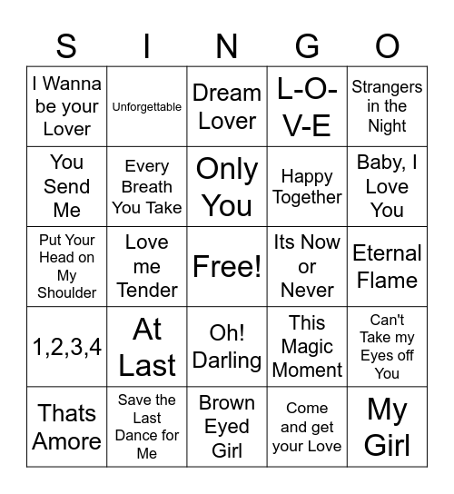 Love Songs Bingo Card