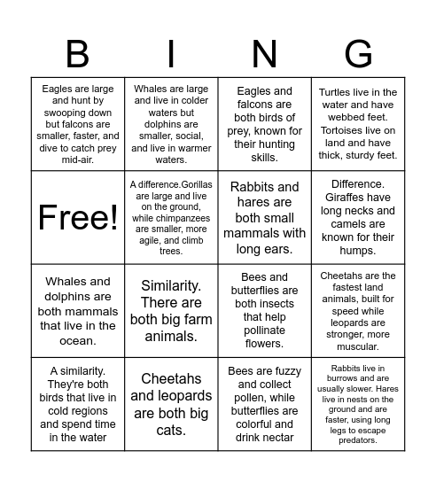 Compare and Contrast Bingo Card
