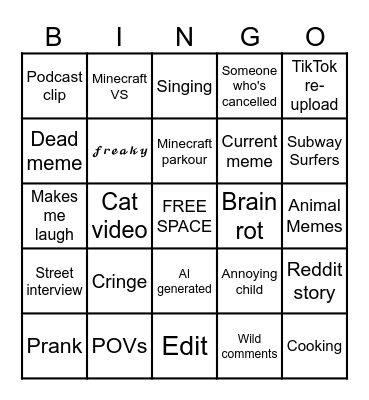 Amelia's Instagram reel Bingo Card