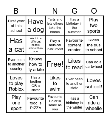 Get to Know your Classmates Bingo Card