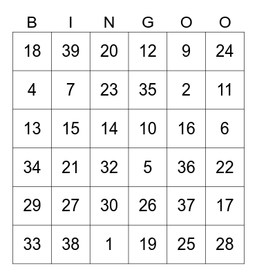 Numeros del 0 al 39 Bingo Card