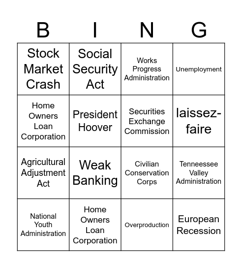 Great Depression and New Deal Bingo Card