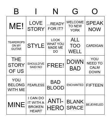 TAYLOR SWIFT SONGS Bingo Card