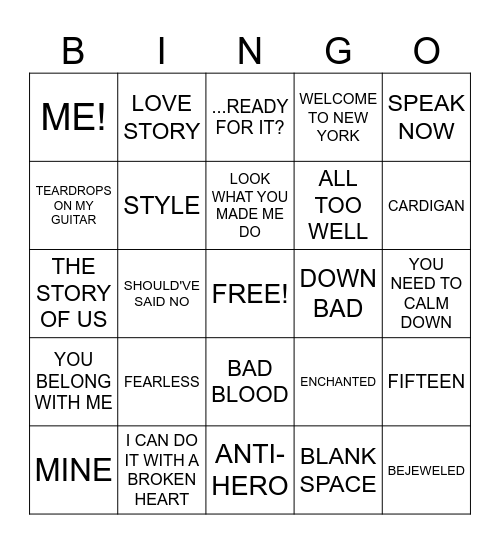 TAYLOR SWIFT SONGS Bingo Card