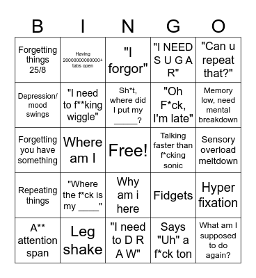 Adhd Bingo Card