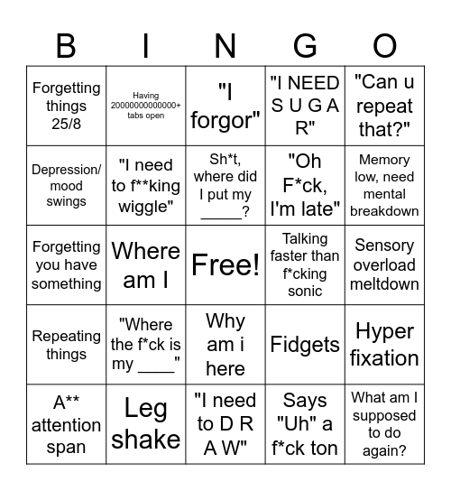 Adhd Bingo Card