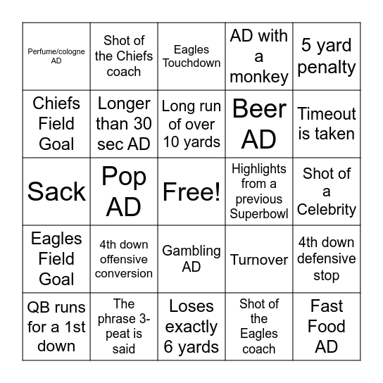 Super Bowl Bingo Card