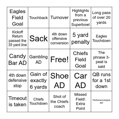 Super Bowl Bingo Card