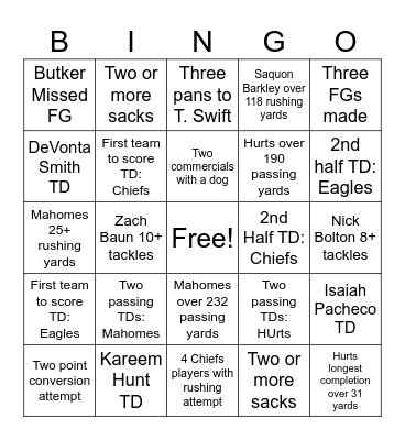 Super Bowl 2025 Bingo Card