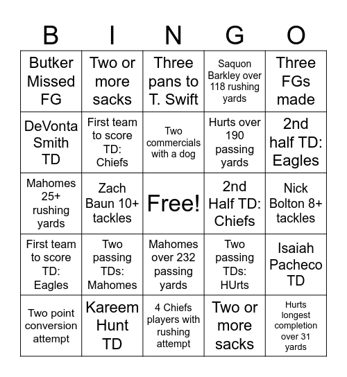 Super Bowl 2025 Bingo Card