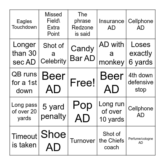 Super Bowl Bingo Card