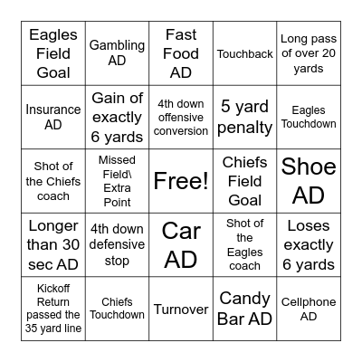 Super Bowl Bingo Card