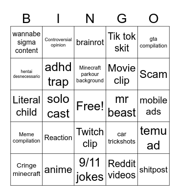 YouTube shorts Bingo Card