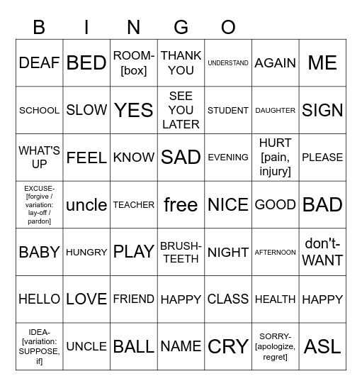 ASL BINGO Card